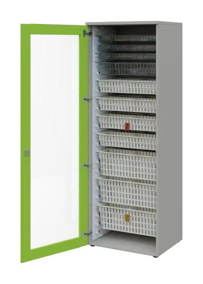 EUROMEDICA S - 66 skříň léková boxová, 1-dveřová/prosklená, levá, 1950x660x535, korpus šedý, dvířka jarní zeleň